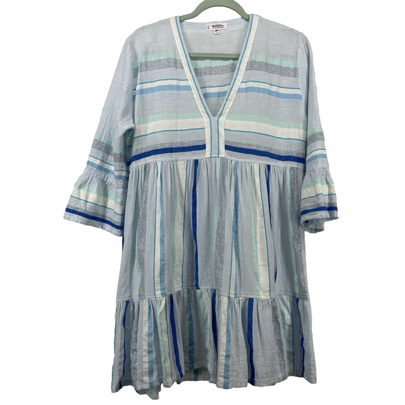 lemlem by Liya Kebede Size M Ruki Flutter Dress Baby Doll Silver Sky Blue Boho - Picture 1 of 7